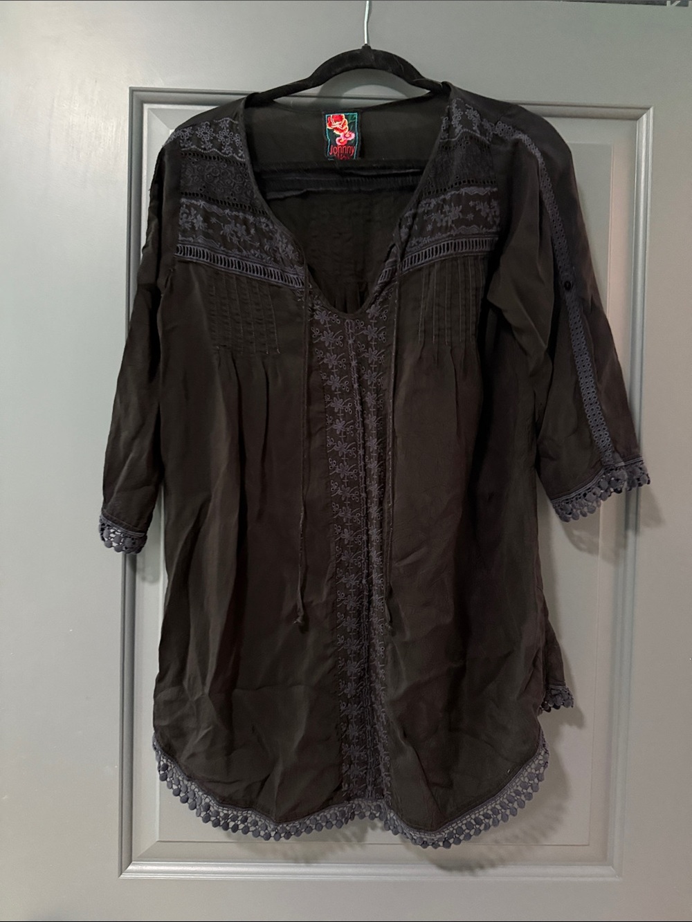 Johnny Was Black Embroidered Tie-Neck Peasant Tunic